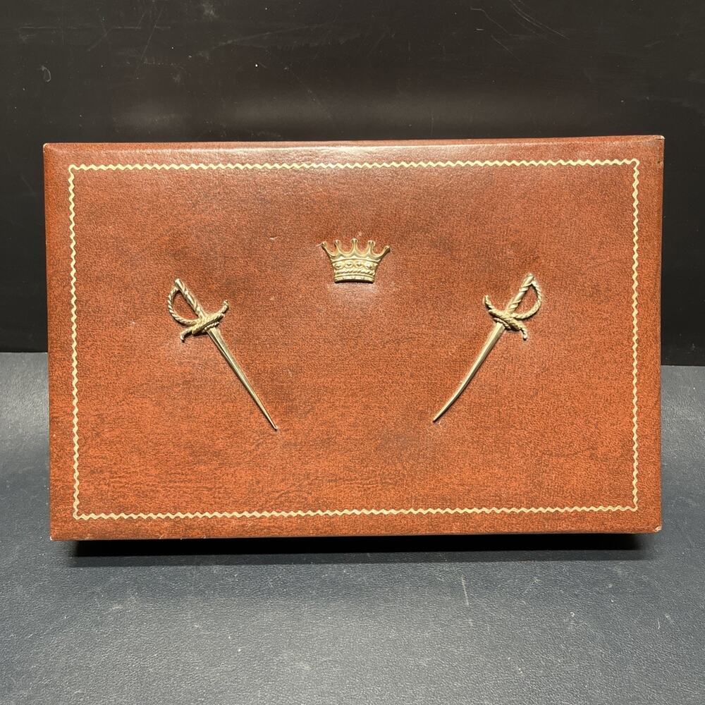 Vintage Dante Mens Jewelry Box Valet Box Faux Brown Leather, Swords & Crown